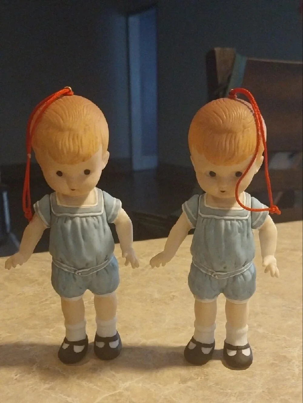 Set of 2 Blue Boy Doll Ornaments - Vintage-Inspired